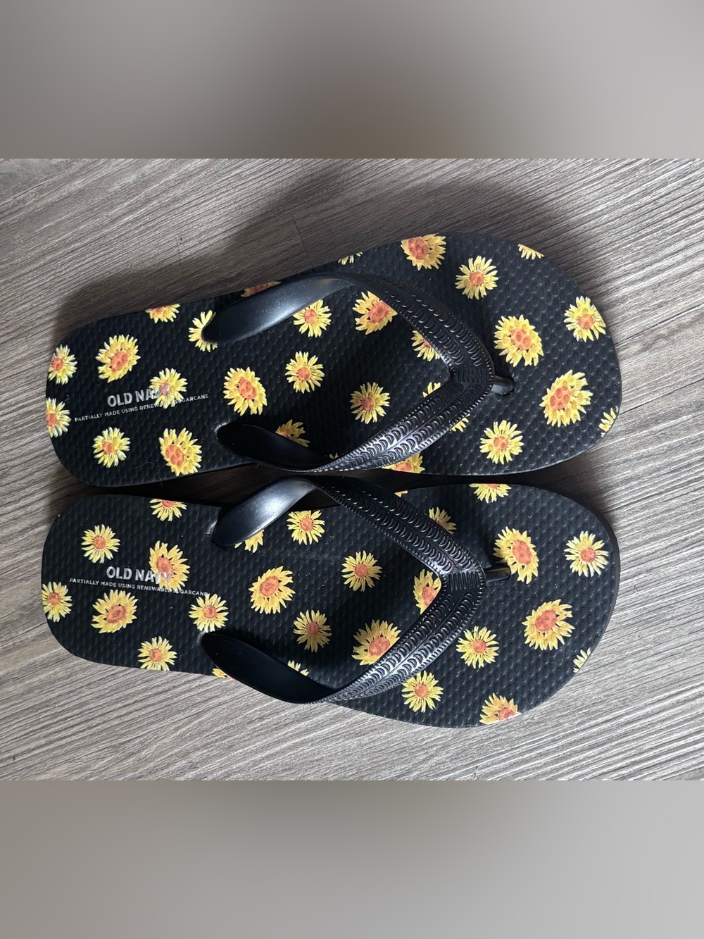 Old Navy Black Flip Flops with Yellow Sunflower Print